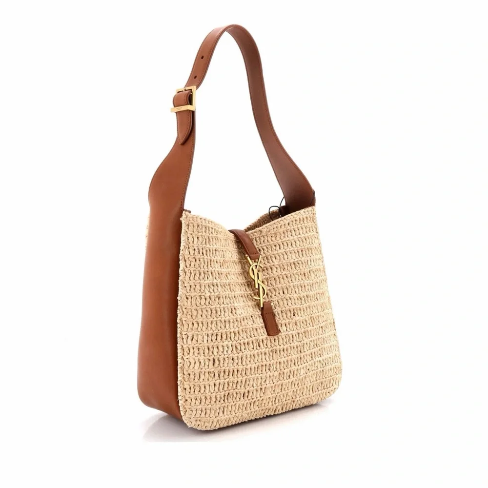 YSL Saint Laurent Le 5 a 7 Supple Small Hobo Raffia and Leather Shoulder Handbag - Picture 5 of 12